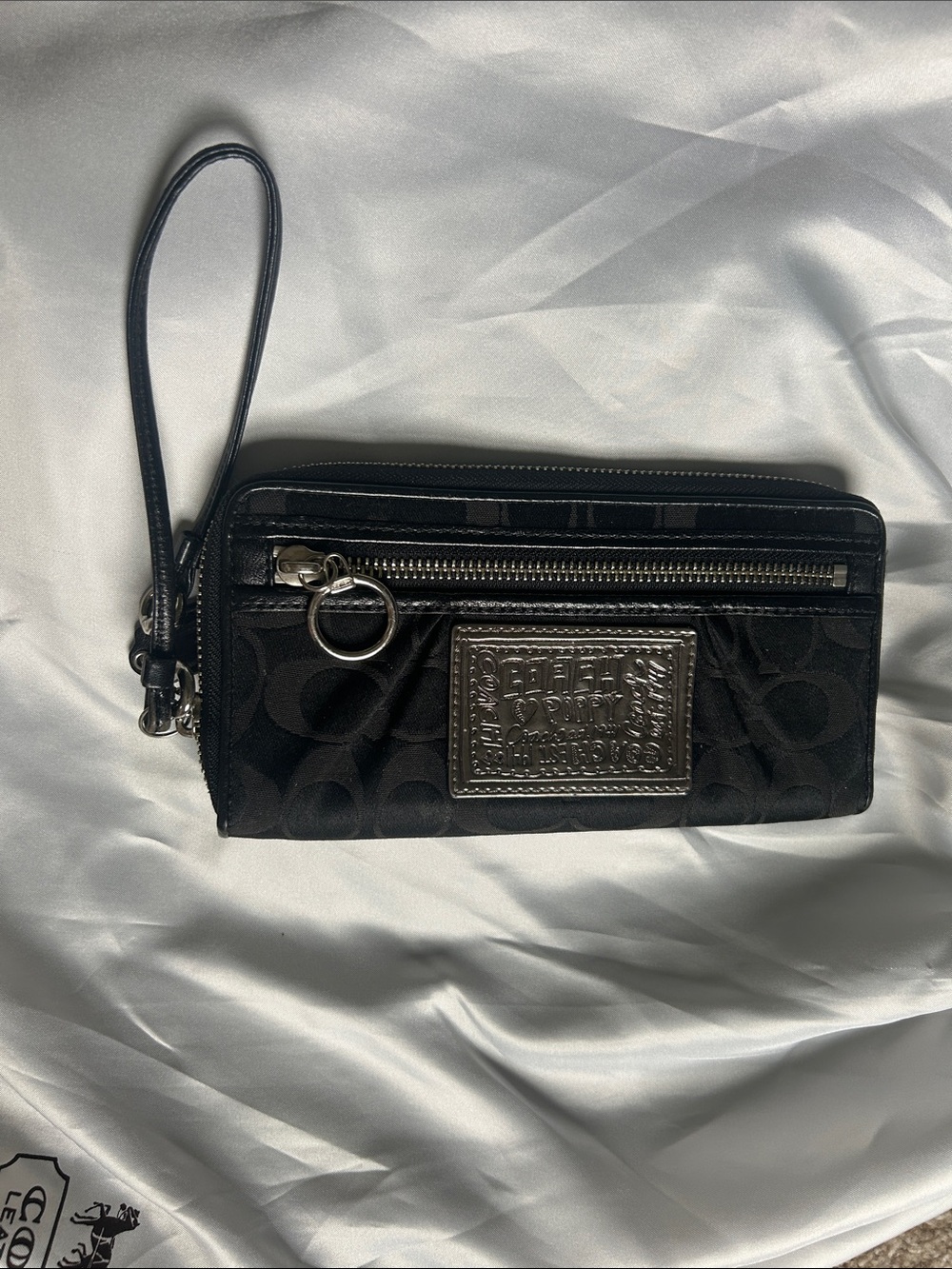 Coach Black Signature Wristlet with Silver Patch